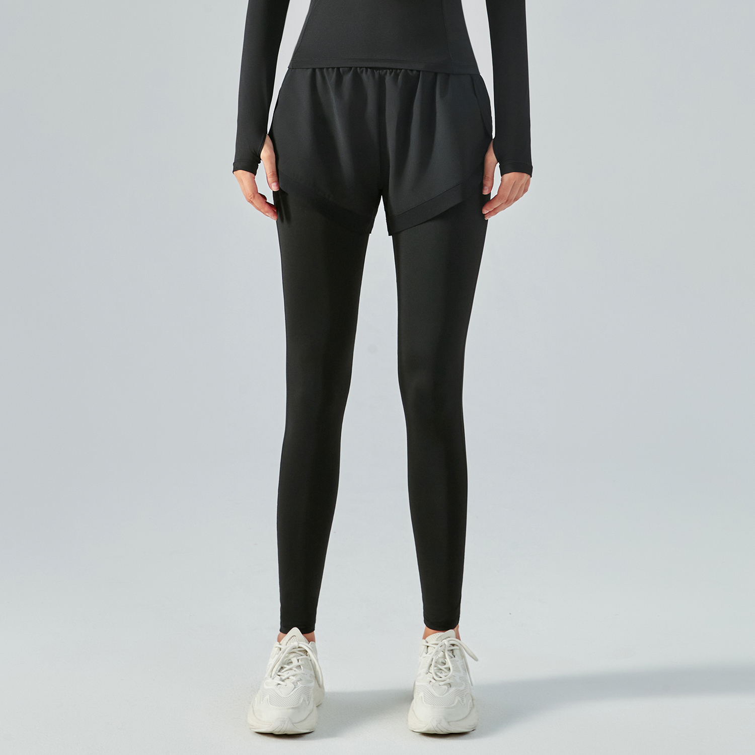 Buy Black fake 2 pieces high waist butt lifting pocket yoga leggings with shorts of high quality on Hergymclothing