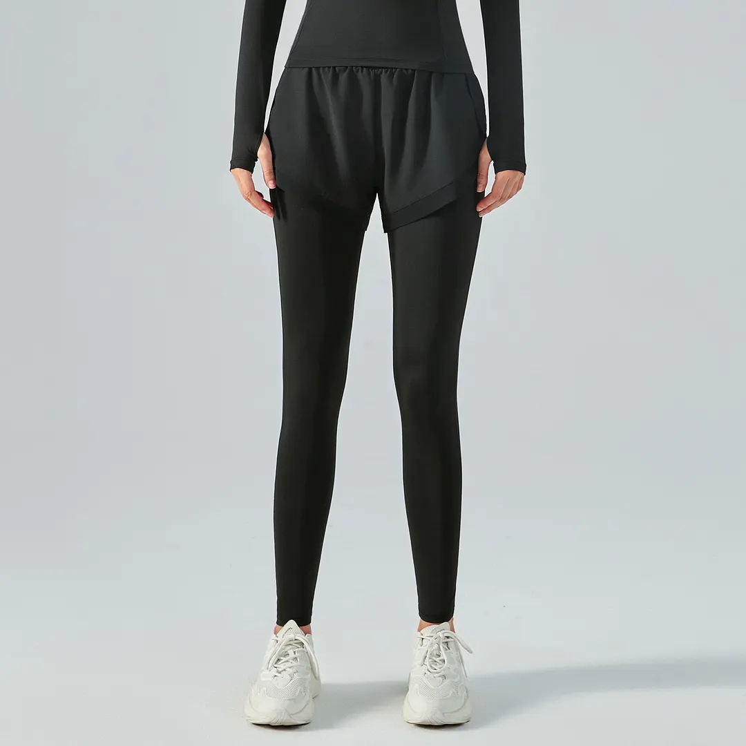Buy Black fake 2 pieces high waist butt lifting pocket yoga leggings with shorts of high quality on Hergymclothing