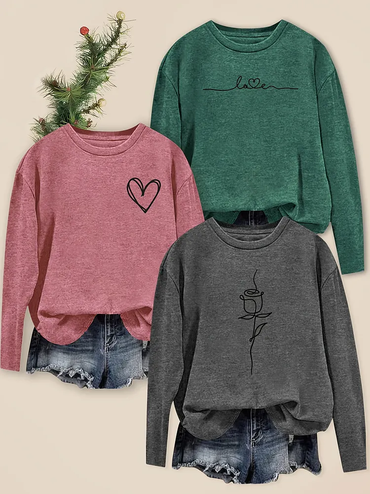 Womens Vintage-Inspired Long Sleeve T-Shirts With Heart Rose Print Soft Stretch Round-neck