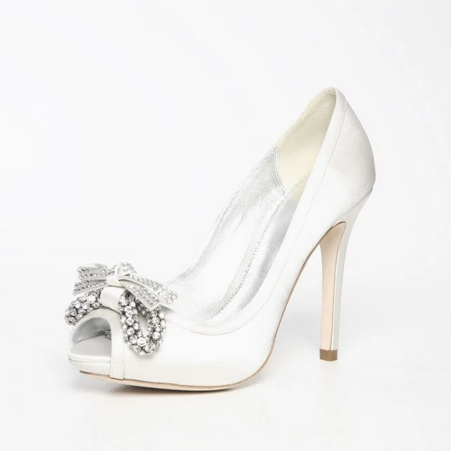 Women's White Platform RhinestoneBow Stiletto Sandal Heel Pumps Bridal Heels |FSJ Shoes