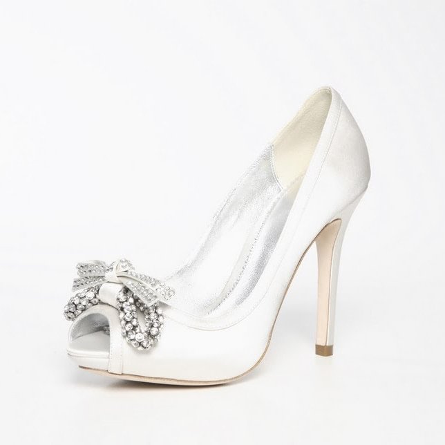 Women's White Platform RhinestoneBow Stiletto Heel Pumps Bridal Heels |FSJ Shoes