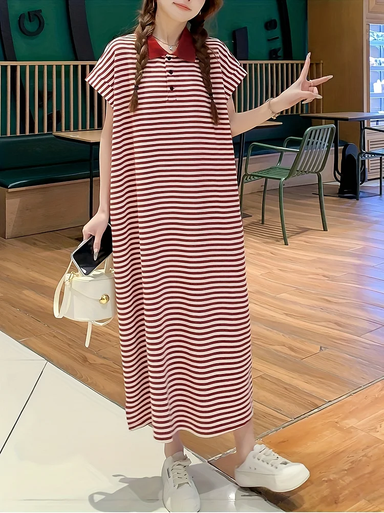 Maternity Dress With Collar & Striped Pattern - Loose Fit Breathable Short Sleeve T-Shirt Dress For Spring/Summer, Casual Comfortable Pregnancy Clothing For Women, Maternity Dresses, Summer Pregnancy Outfit, Flowy Fabric Gown, Soft Material
