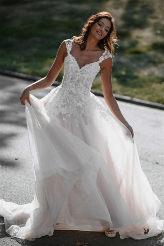 Oknass Cap Sleeves Lace Tulle Wedding Dress A Line