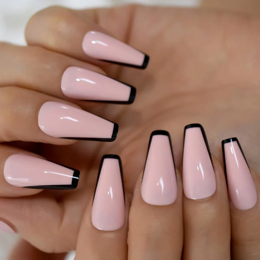 Trapezoid French Nail Nude Pink Color False Nails Black Top Long Tapered Coffin Nail Art Tips Thick Reusable with Adhesive Tabs-Nail Inspo