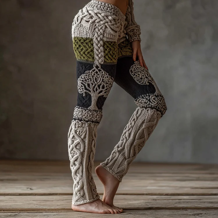 Vintage Viking Tree Of Life Celtic Knot Art Knit Jacquard Cozy Leggings
