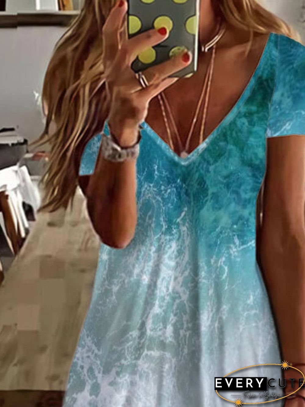Casual Painted V Neck Short Sleeve Dress