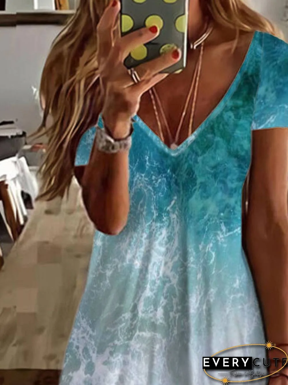 Casual Painted V Neck Short Sleeve Dress