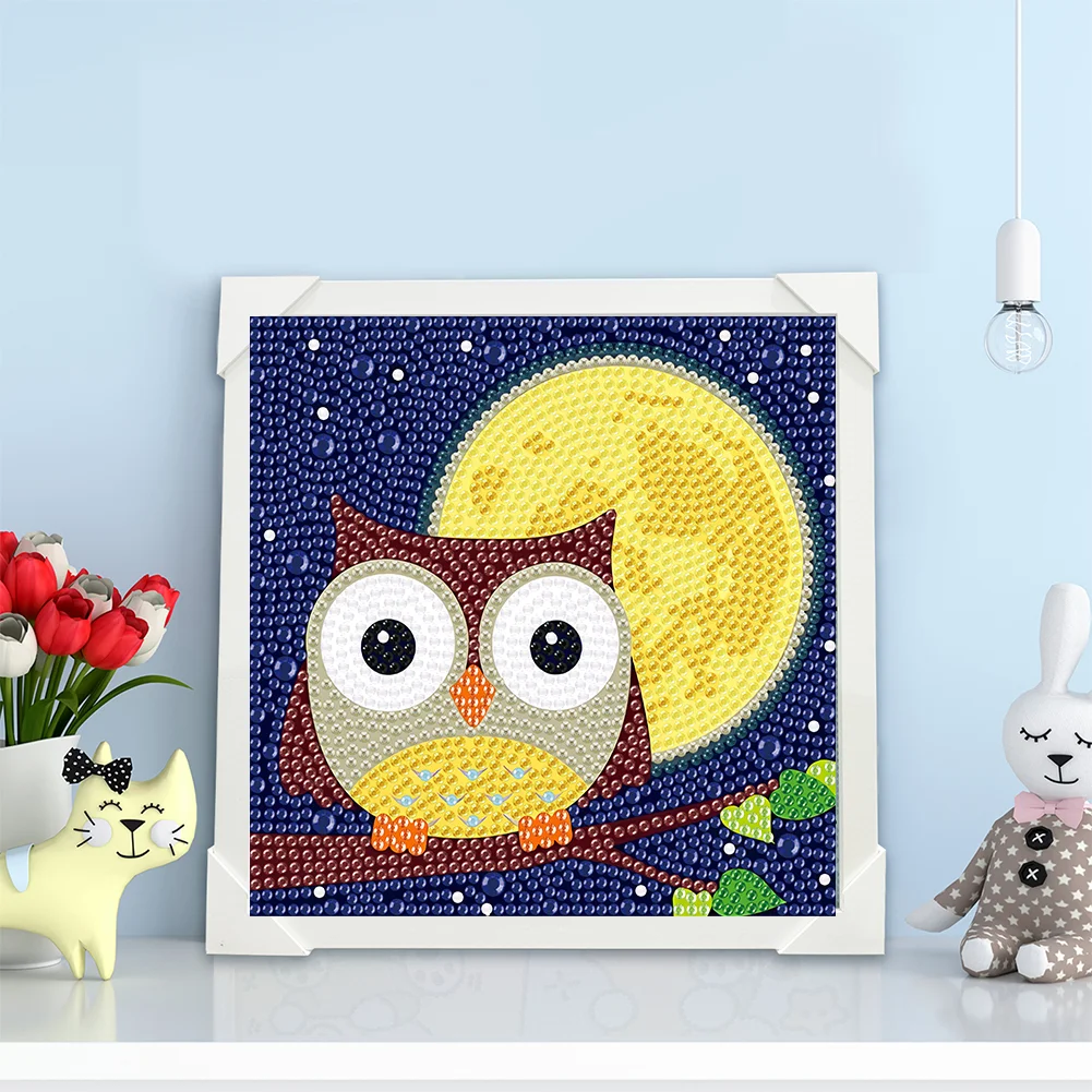 5D DIY Full Round Crystal Rhinestone Diamond Painting Owl Kit Home Decor Art Craft For Kid(Canvas|15*15cm)【with Wooden Frame】