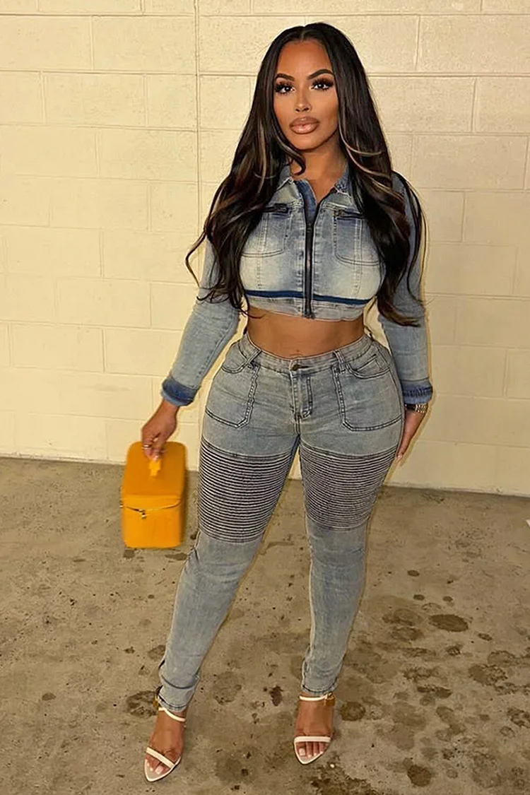 Denim Long Sleeve Zipper Crop Jacket Striped Skinny Jeans 2pcs Set-Blue