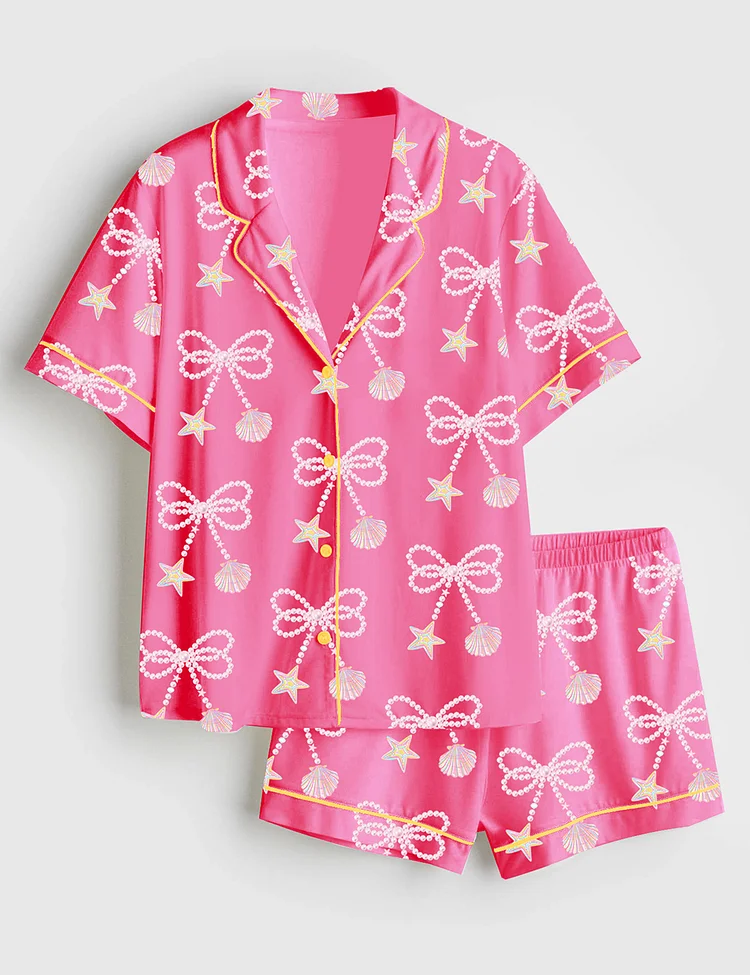 Women&rsquo;s Coquette Clam Pearl Bow Coastal Seashell Starfish Preppy Summer Vibes Print Short Sleeve Satin Pajama Set