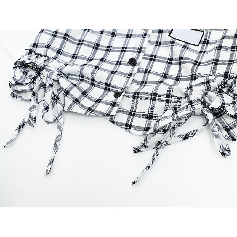 Lattice Print Drawstring Lapel T-Shirt Loose Denim Pants