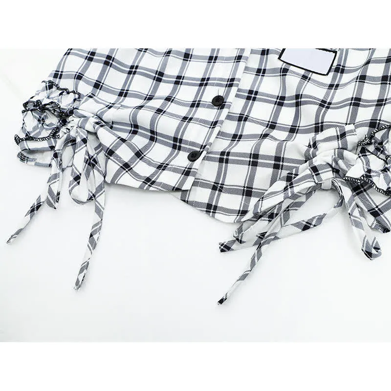 Lattice Print Drawstring Lapel T-Shirt Loose Denim Pants