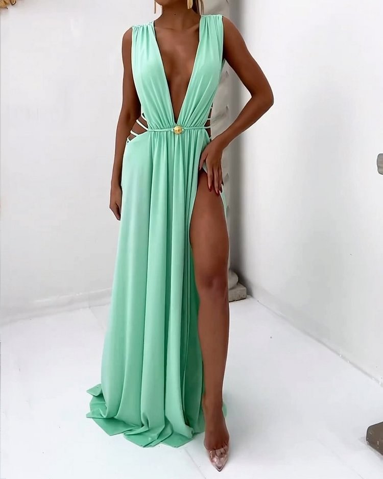 Sexy Solid Color Hollow Slit Dress