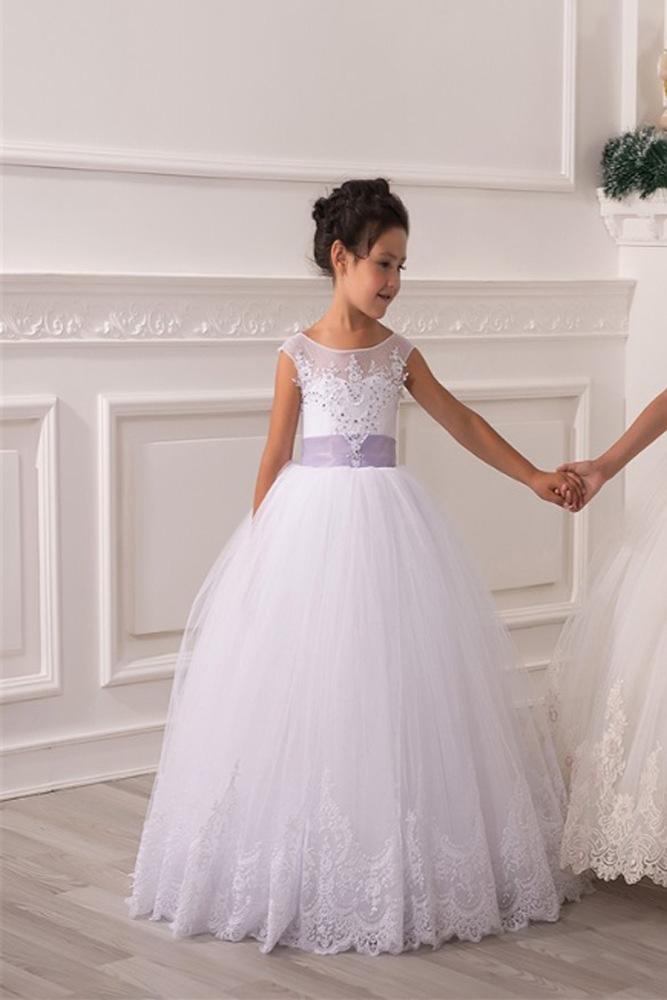 Dresseswow White Scoop Neck Sleeveless Ball Gown Flower Girls Dress with Lace