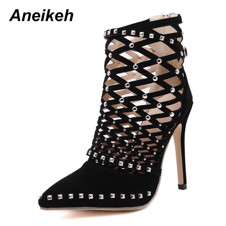 Aneikeh 2021 Gladiator Roman Sandals Summer Rivet Studded Cut Out Caged Ankle Boots Stiletto High Heel Women Sexy Shoes Pumps