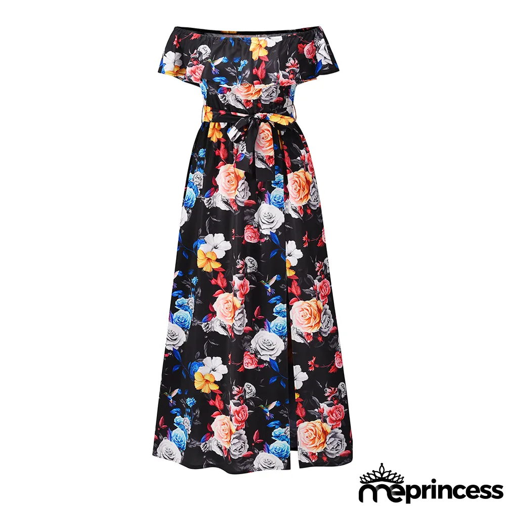 Summer Elegant Turndown Off Shoulder Floral Long Dress