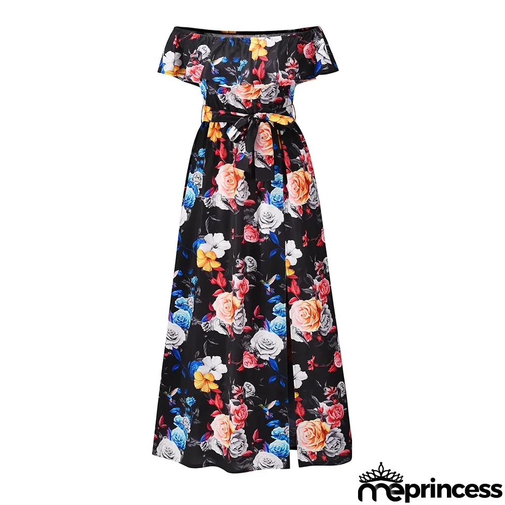 Summer Elegant Turndown Off Shoulder Floral Long Dress