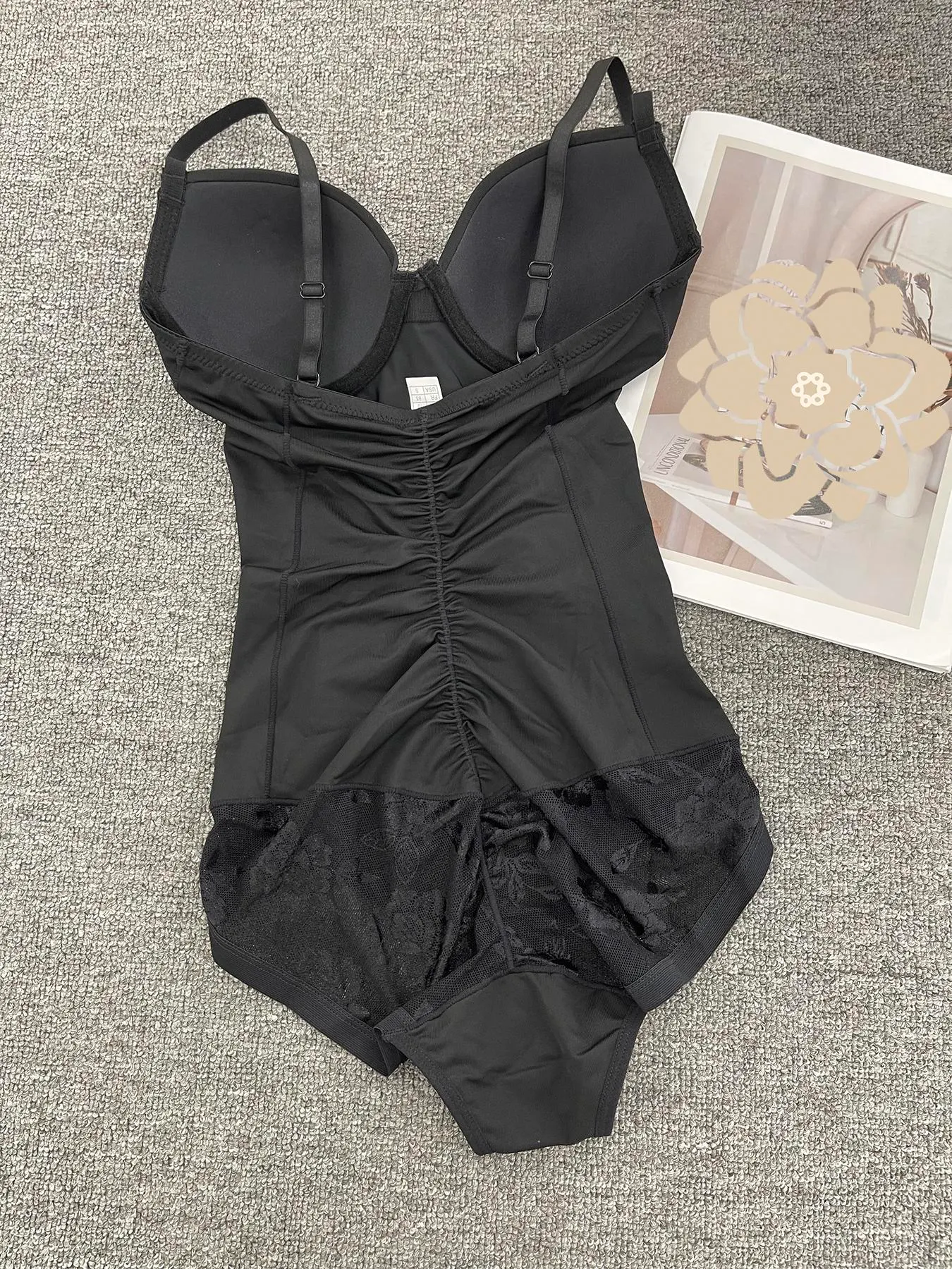 Women's Deep V Patchwork Ruched Slimming Bodysuit Set XS-Xxl, Casual All Season Underwear & Lingerie, Contrast Lace Design