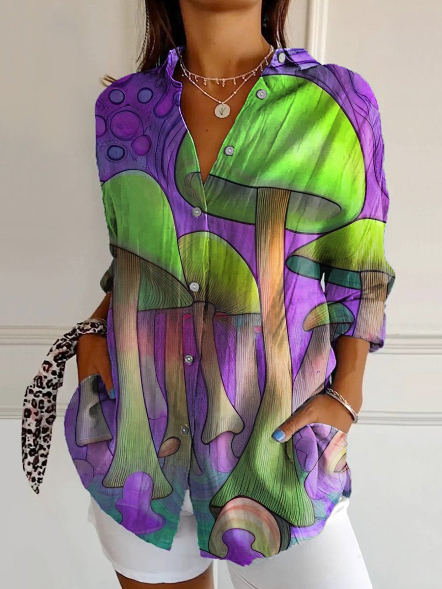Women's Colorful Psychedelic Mushrooms Print Casual Cotton Shirt