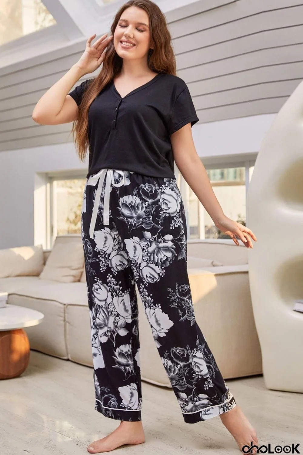 Full Size V-Neck Top and Floral Pants Lounge Set