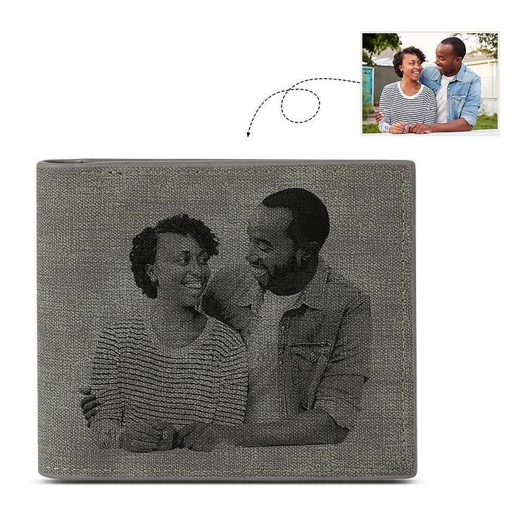 Custom Photo Men's Bifold Wallet Personalized with Engraving Grey Leather Gift For Dad