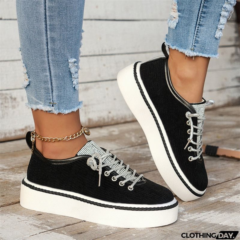 Women's Stylish Thick-Soled Round Toe Lace-Up Rhinestone Casual Shoes