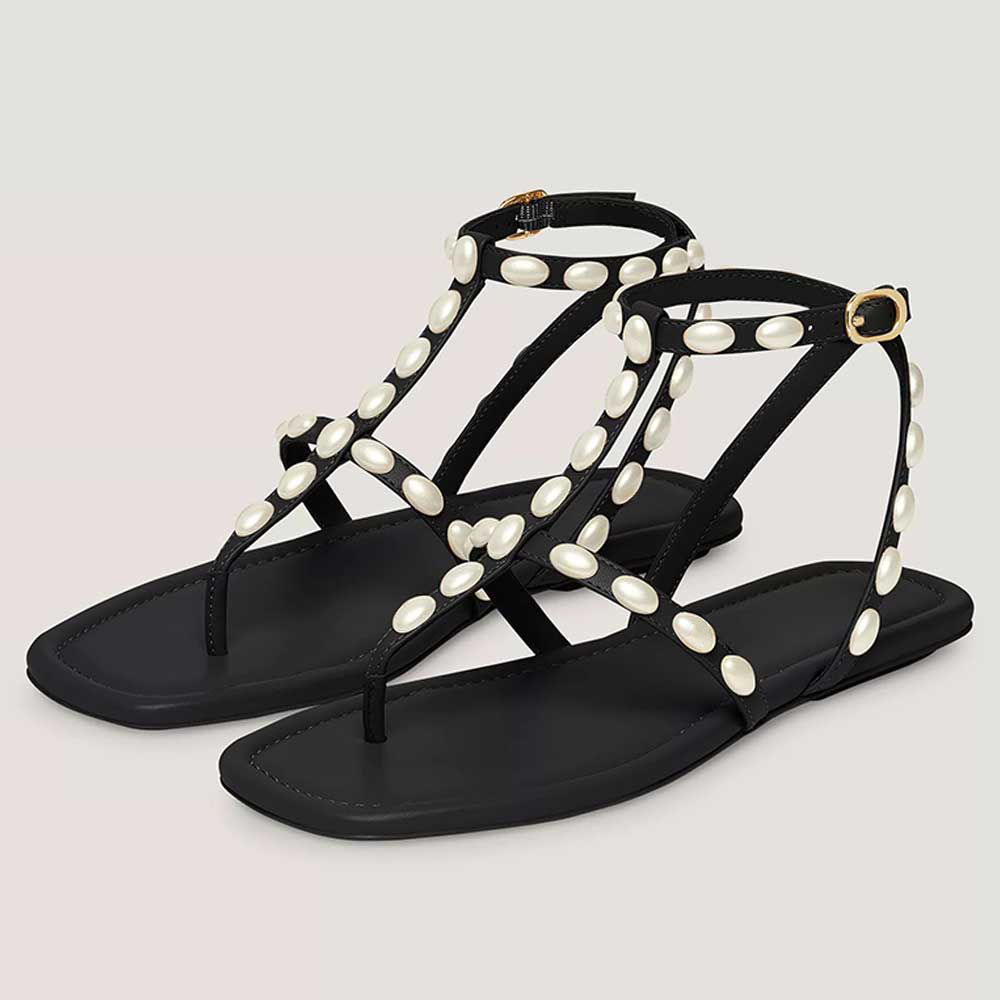 Black Vegan Leather Square Toe Flat Pearl Embellished T-Strap Sandals Nicepairs