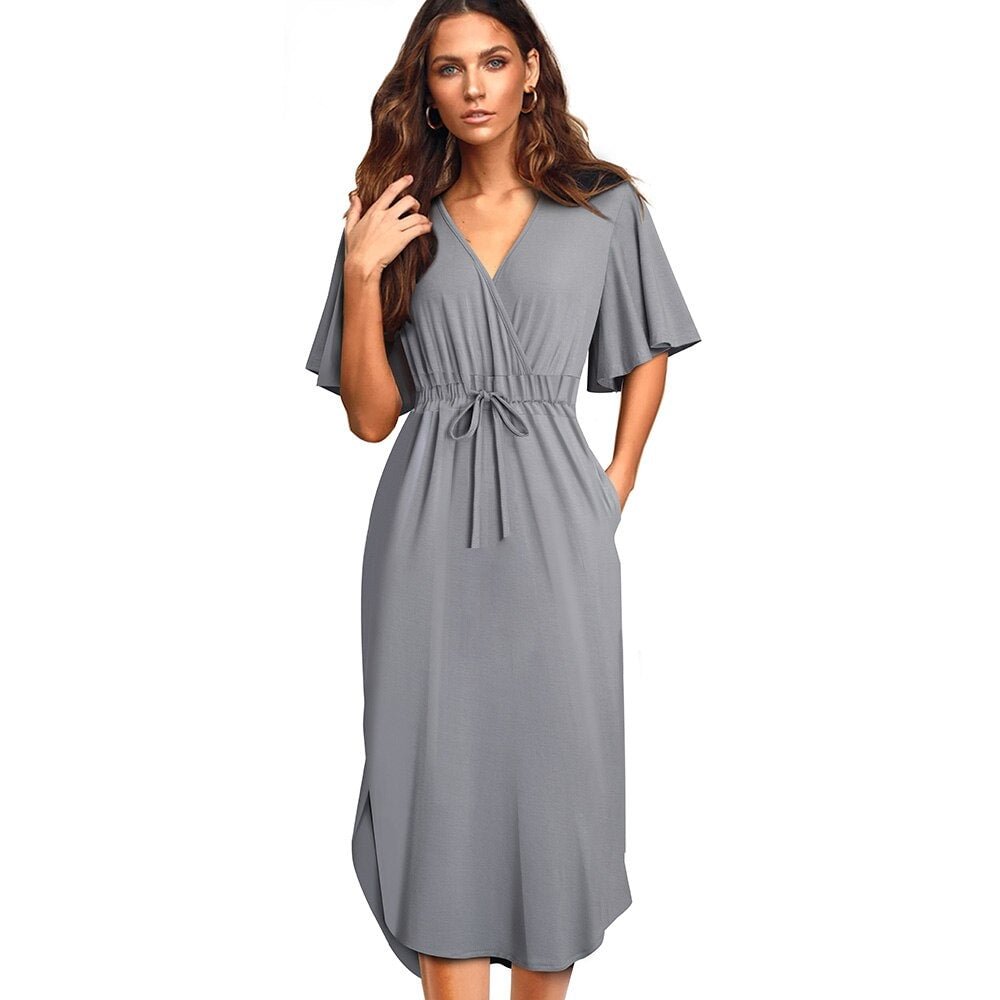 Women Casual Solid Color Drawstring vestidos with Batwing Sleeve Straight Women Dress