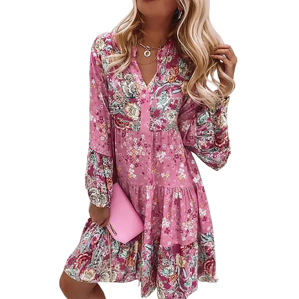 Brownm Floral Stitching Swing Printing Short Cropped Sleeves Layered Mini Dress