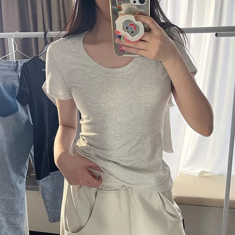Brownm Brownm U Collar Short T-Shirt Female 2024 Summer New Slim Hot Girl With Waist Half Sleeve Shirt Bottom Small Top