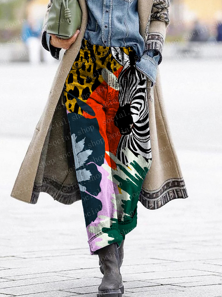 Women's Street Fashion Hip Hop Zebra Leopard Animal Print Straight Leg Pants socialshop