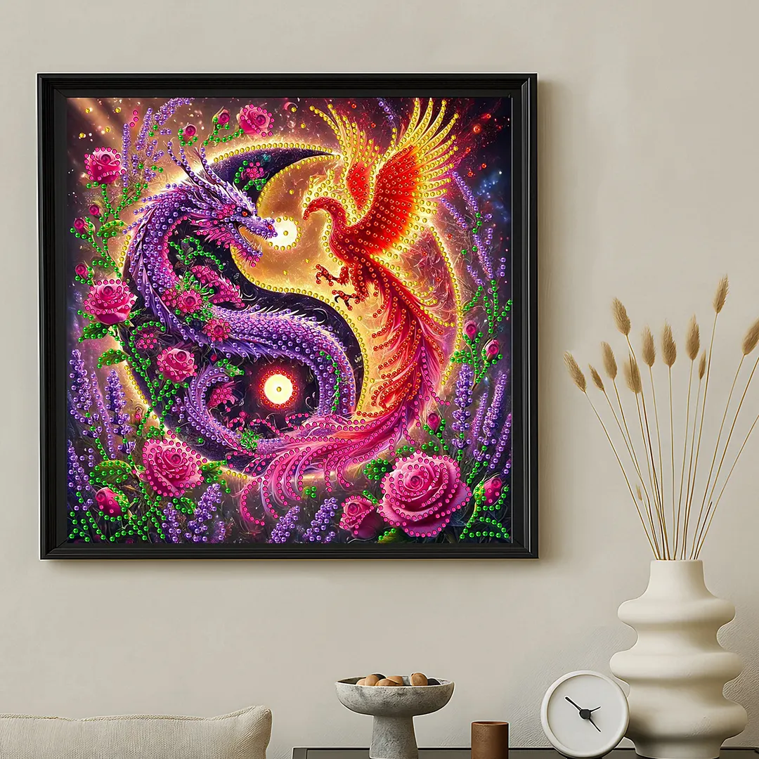 Dragon and Phoenix Yin Yang Bagua Special Shaped 5D DIY Partial Drill Diamond Painting Kits for Adults Beginners Home Decor Diamonds Paintings Gem Art 30x30cm