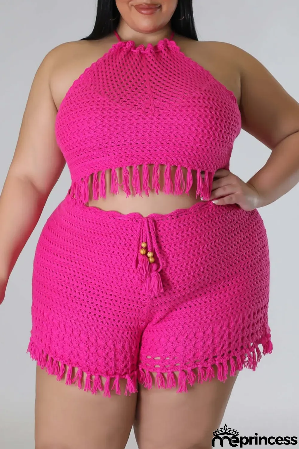 Rose Red Sexy Solid Tassel Frenulum Halter Plus Size Two Pieces