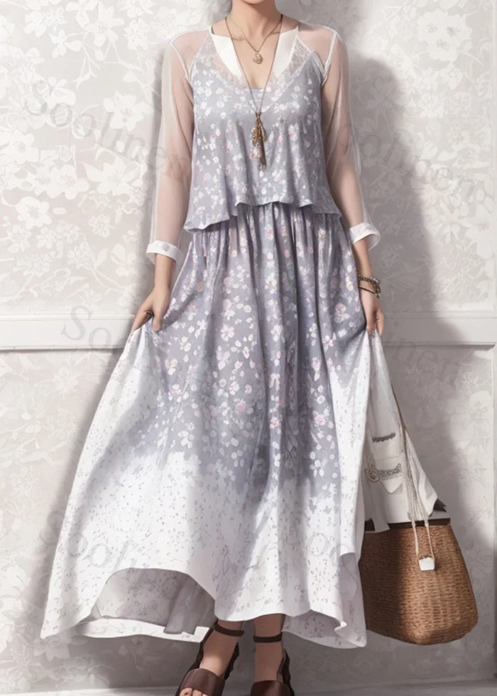 Modern Grey Print Hollow Out Silk Long Dress Summer