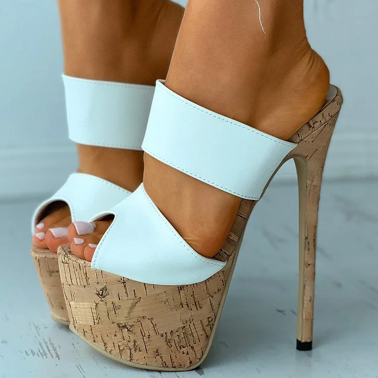 White Cork Platform Peep Toe Stiletto Heel Mules Sandals |FSJ Shoes