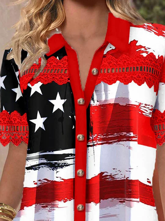 Women Short Sleeve V-neck Striped Star Printed Graphic Lace Hollow Stitching Button Tops