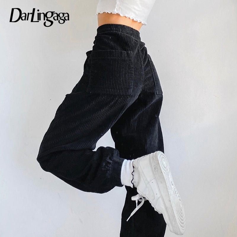 Darlingaga Vintage Loose Black Corduroy Pants Elastic Pockets Joggers Women Harajuku Solid Baggy High Waist Pants Trouser Female