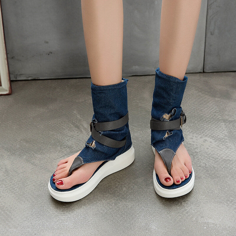 VCSHOES Denim Open Toe Buckle Ankle Flats