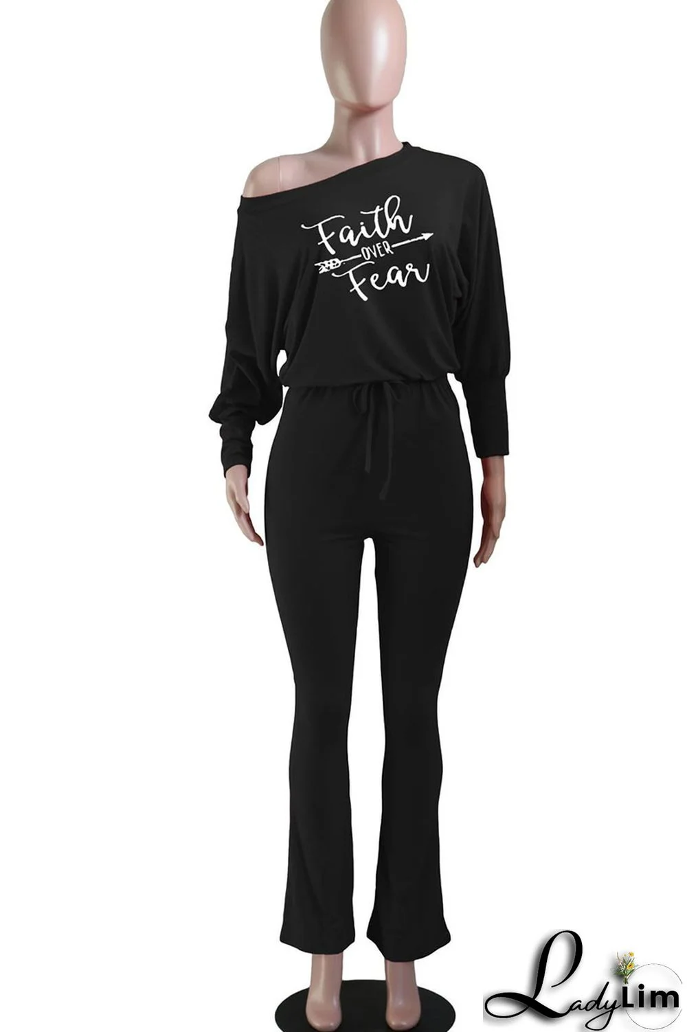 Black Casual Print Split Joint Oblique Collar Straight Jumpsuits