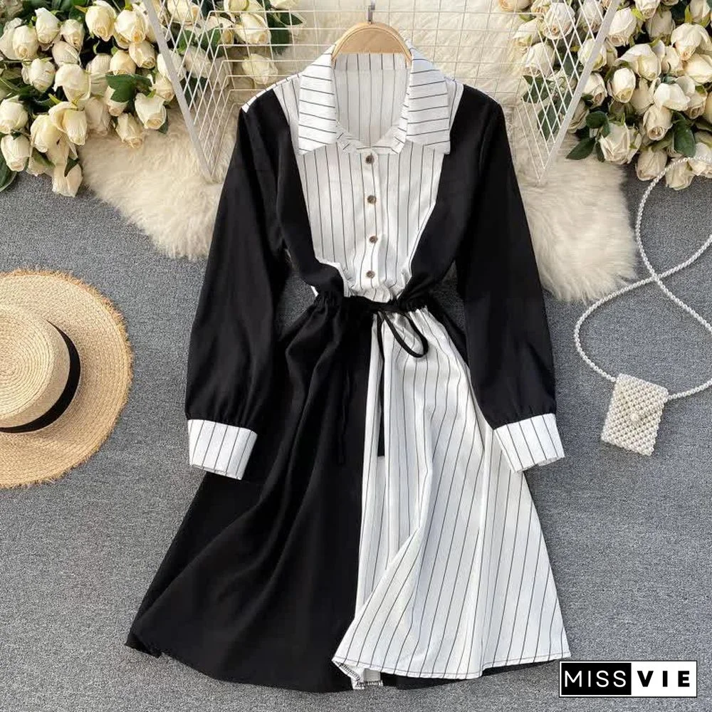 Colorblock Stripe Print Drawstring Long Sleeve Lapel Shirt Dress