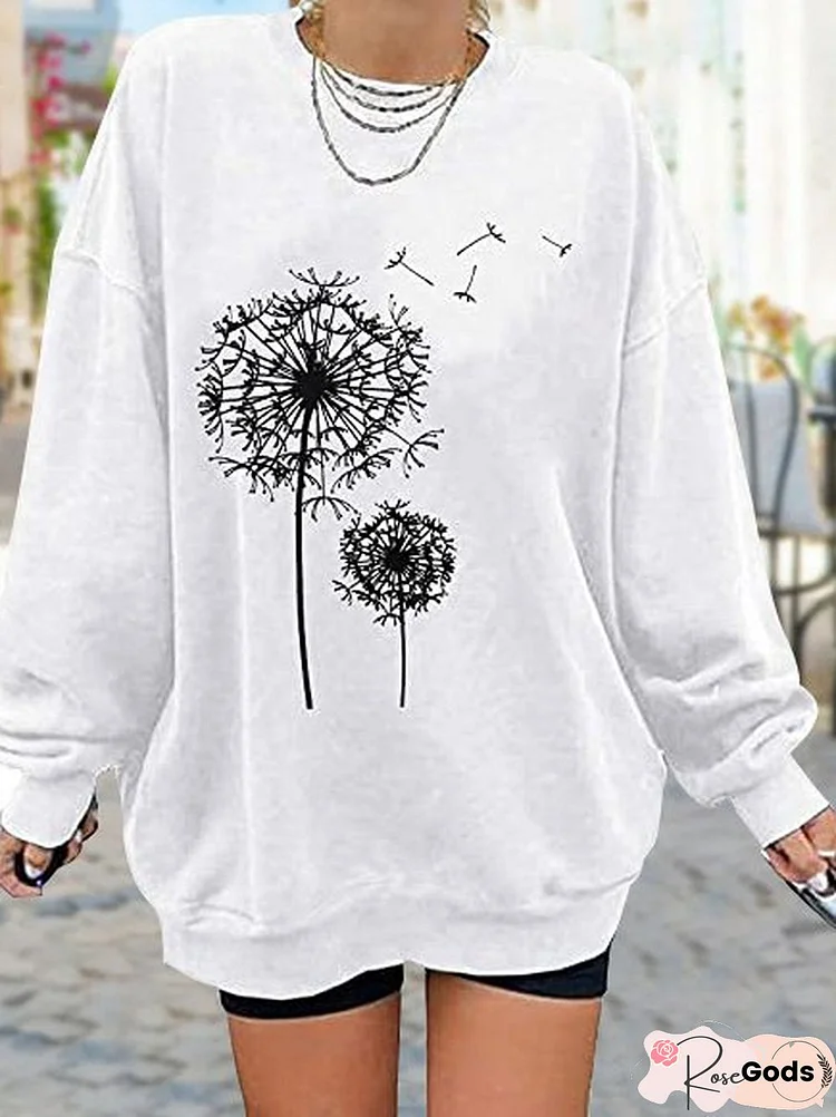 Casual Dandelion Ribbed Crew Neck Long Sleeve Loose Knit Sweatshirt