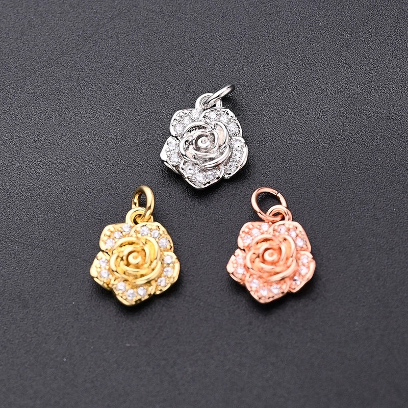 1Pc/Package 10.5x9mm Hole 2~2.9mm Copper Zircon Rose Gold Plated White Gold Plated Gold Plated Rose Flower Polished Pendant