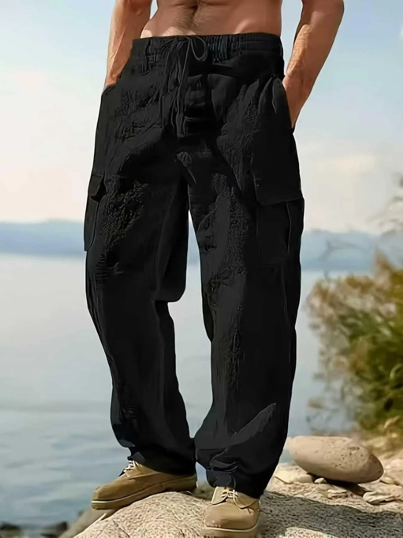 Men's Linen Cargo Pants Drawstring Multi-Pocket Straight Leg Breathable Outdoor Beach Classic Casual Long Pants, Casual Comfy Fashion, 2026 Cross-Border Fashion
