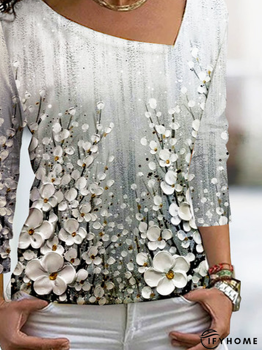 Asymmetrical Neck Casual Floral Printed T-Shirt | IFYHOME