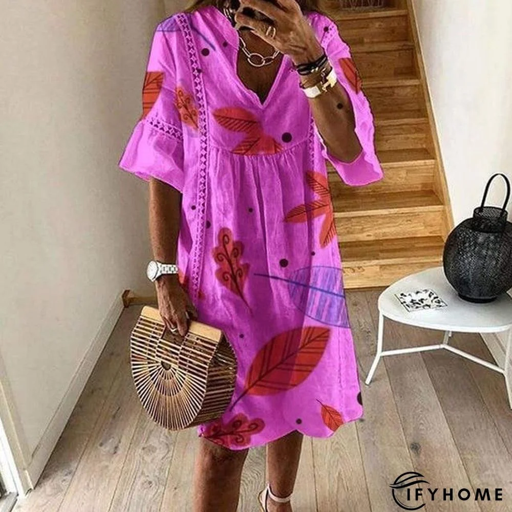 Women Sexy Hollow Out V-neck Mini Dress Floral Print Patchwork Dress Casual Beach Dress | IFYHOME