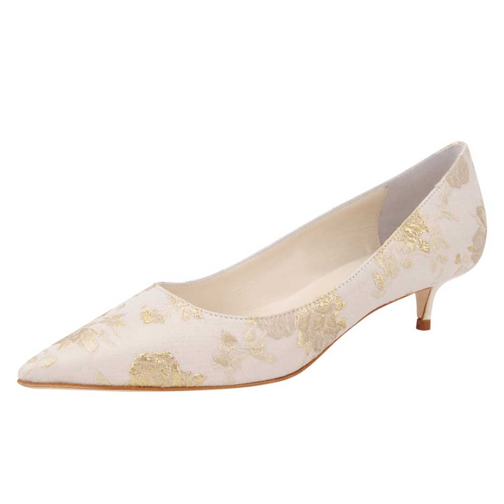 White Textile Gold Floral Printed Pointed Toe Kitten Heel Pumps Nicepairs