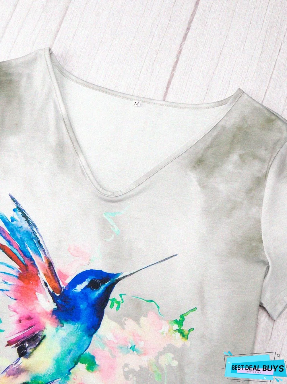 Bird Print V Neck Cotton-Blend Short Sleeve T-Shirts
