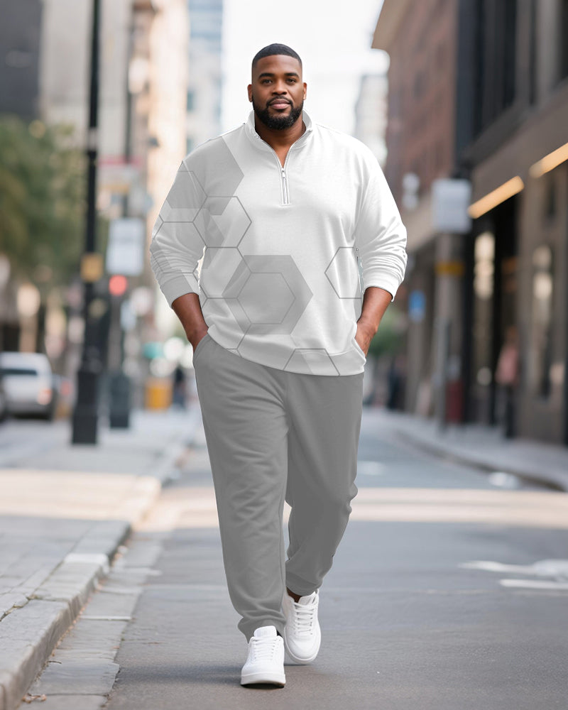 Big & Tall Men's Light Gray Honeycomb Geometric Printed POLO Collar Zipper Long Sleeve Pants Two-piece Set