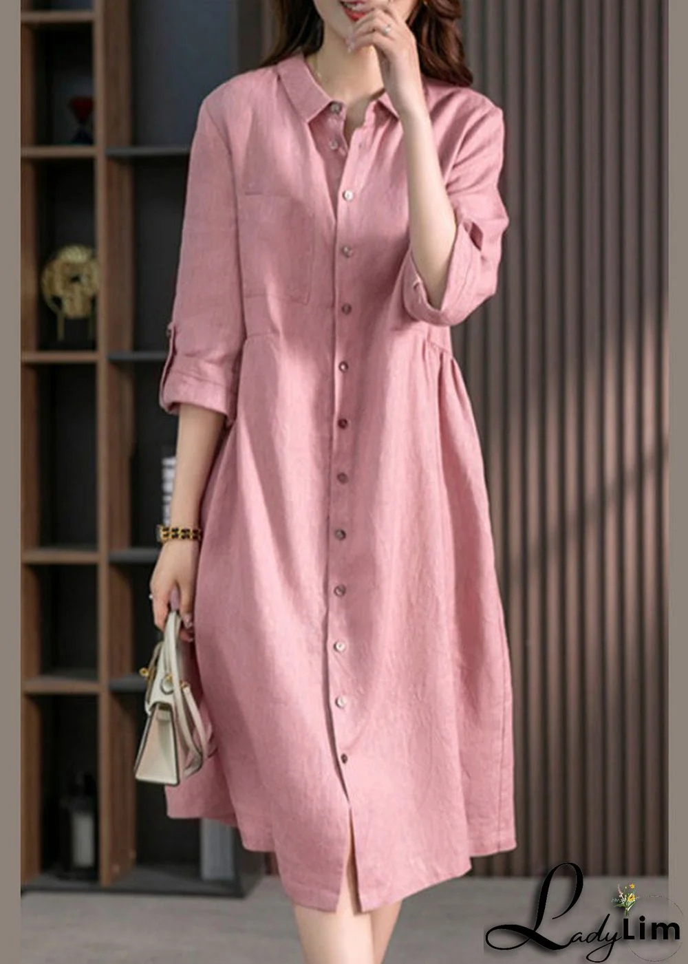 Casual Pink Peter Pan Collar Button Wrinkled Maxi Dresses Long Sleeve