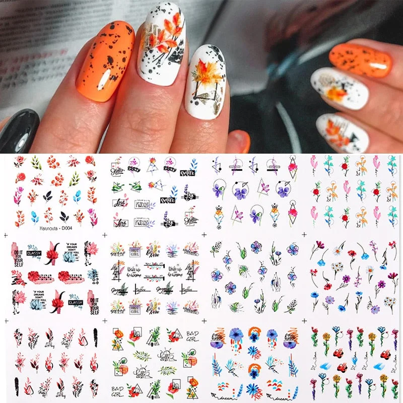 12pcs Valentines Manicures Love Letter Flower Transfer Stickers For Nails Inscriptions Nail Art Decoration Water Sliders Tips